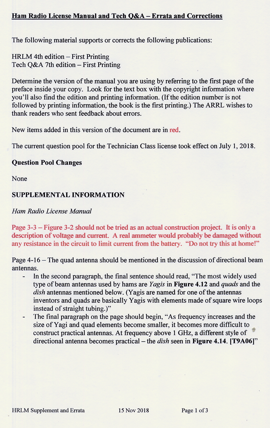 The ARRL HRLM and QandA Supplemental Information and Errata - Fourth Edition - 15 Nov 2018